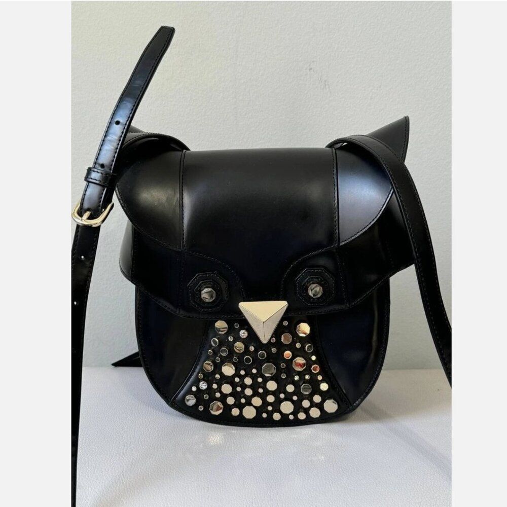 LUANA Italy Minerva Black Leather Studded Tassel Witch Owl Crossbody Purse Bag